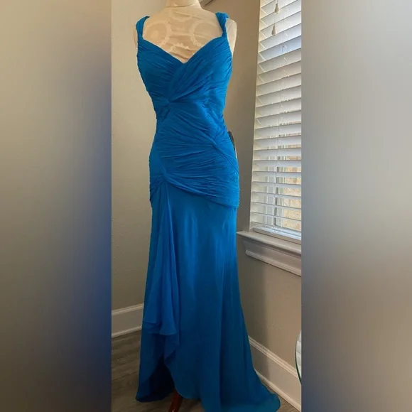NWT, Designer 100% Silk Chiffon Blue Hi Lo Hem Evening Gown Dress, Size 8 - Picture 1 of 16